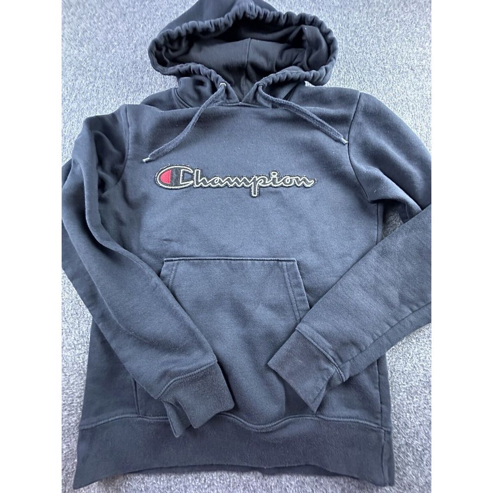 Champion Hoodie Mens Small Black Logo Pocket Fleece Sweatshirt Athleisure